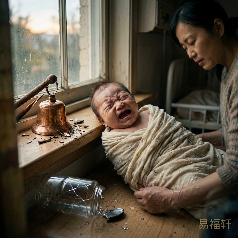 凌晨五点的产房光线昏暗,一个瘦小婴儿在襁褓中哭泣,窗台上的一口铜钟被木棍敲碎散落一地,旁边一个空的水罐倒在地上裂开了