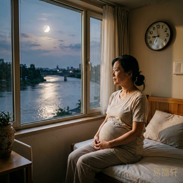 一个待产妈妈坐在产房窗边,窗外傍晚天色渐暗,墙上的时钟指向晚上九点,窗外一条大河在月光下静静流淌