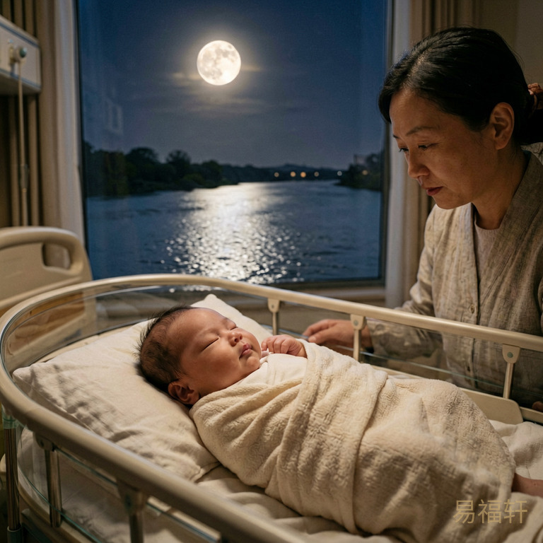 晚上九点产房的灯光温暖柔和,一个健壮的男婴躺在襁褓中睡得香甜,窗外夜空下一轮明月映在宽阔的江面,水波粼粼延伸到远方