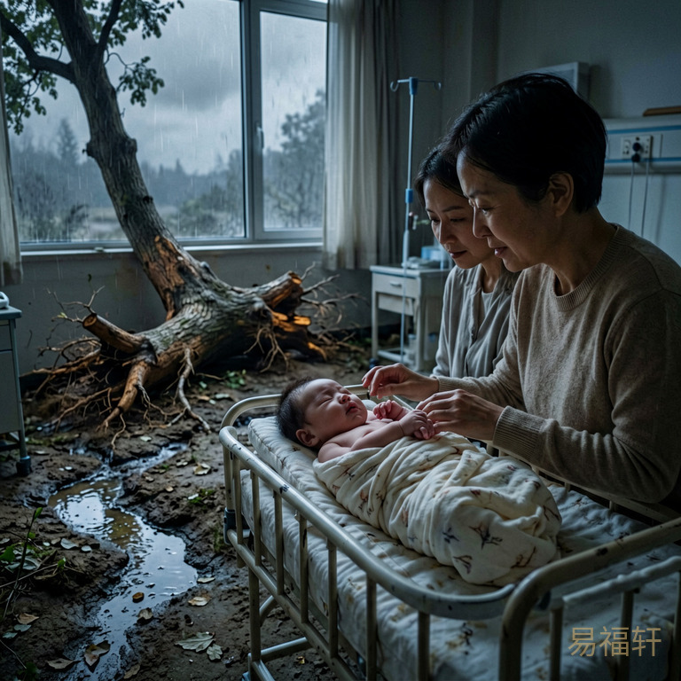 凌晨五点的产房光线昏暗冰冷,一个瘦小的婴儿在襁褓中不安地扭动,窗外天色阴沉,一棵大树倒在地上根系暴露在外,树旁一条小溪已经干涸见底