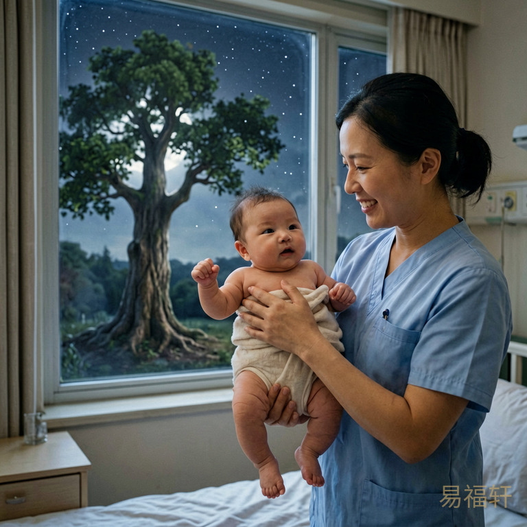 凌晨三点多的产房窗外星光点点,一个健壮男婴被护士抱起,他握着小拳头,窗外一棵挺拔的大树在月下扎根深厚枝叶茂盛