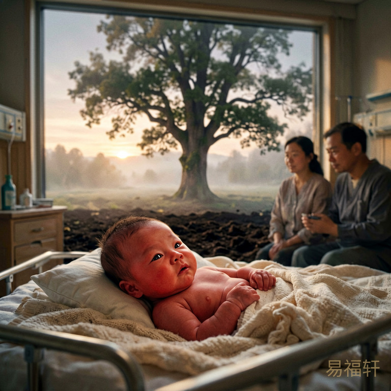 凌晨三点产房灯光下,一个红润健壮的男婴睁开明亮的眼睛,窗外天空露出第一缕晨光,一棵参天大树在晨雾中伸展枝叶,树下一片肥沃的黑土地
