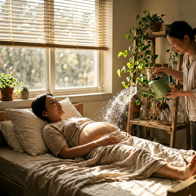 一个待产妈妈在午后阳光中躺在产床上,窗外阳光透过百叶窗洒进来,旁边木架上一株藤蔓攀爬而上,根部有人用喷壶浇水