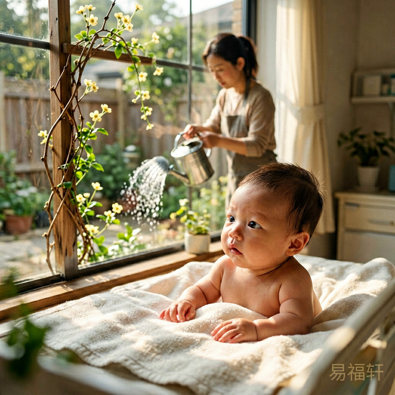 午后一点阳光温暖柔和照进产房,一个健康男婴睁着明亮的大眼睛,窗外院子里一根枯藤被园丁浇上了水,瞬间变绿开始攀爬木架,开出淡黄色小花