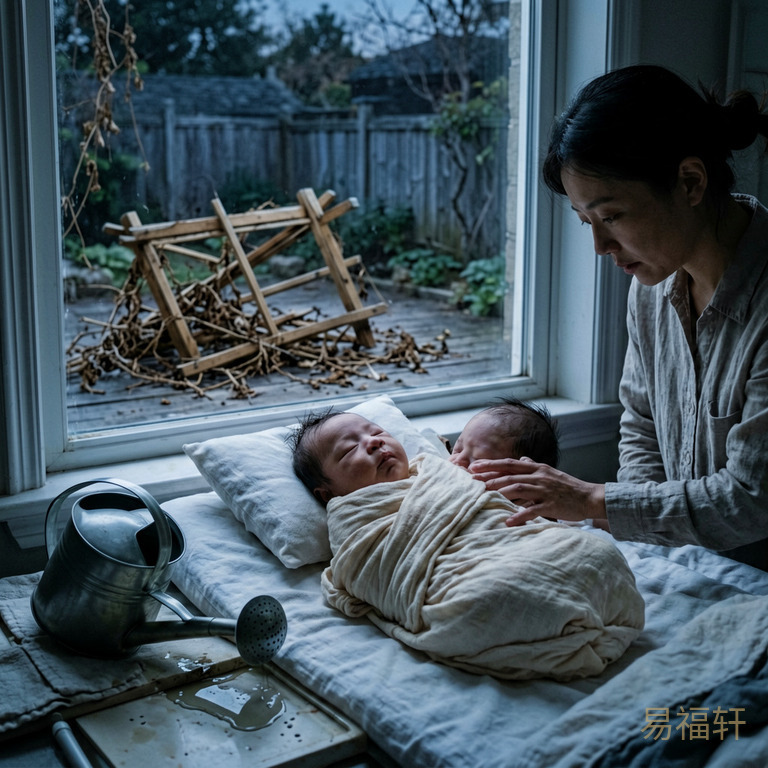 凌晨五点天色昏暗,产房灯光冰冷,一个瘦弱的男婴在襁褓中无力地躺着,窗外院子里一个木架倒在地上,藤蔓枯萎断裂散落一地,旁边一个喷水壶翻倒水已经流光