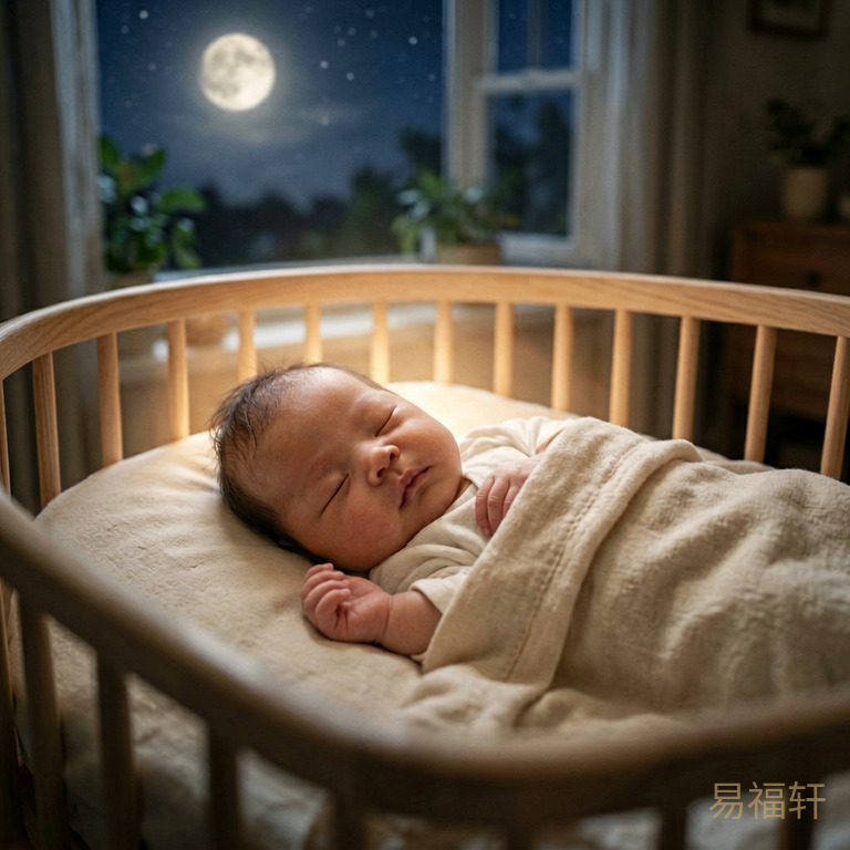 一个新生儿男宝宝躺在婴儿床上,窗外夜色中的月亮柔和地照进来,宝宝安详地睡着,周围环绕着温暖的光晕