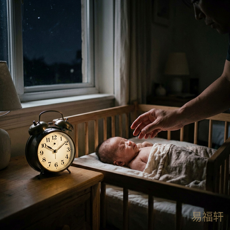 一个闹钟显示凌晨1点,窗外的天空漆黑一片,新生儿的房间灯光昏暗,一只无形的手在阴影中靠近婴儿床