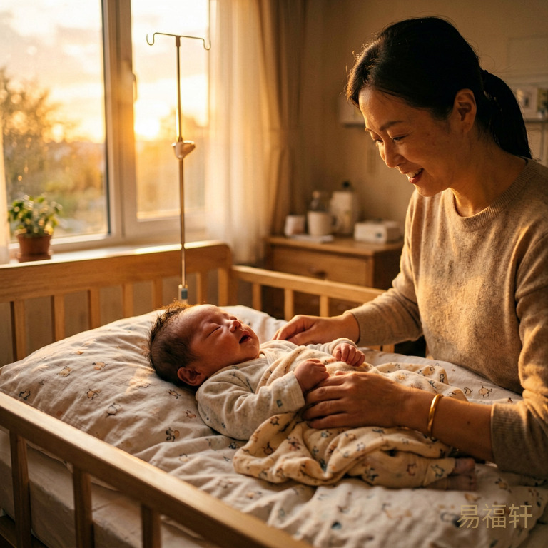 一个新生男婴在傍晚酉时(下午五点)的产房里,金色的夕阳透过窗户洒进来,温暖安宁的产房场景