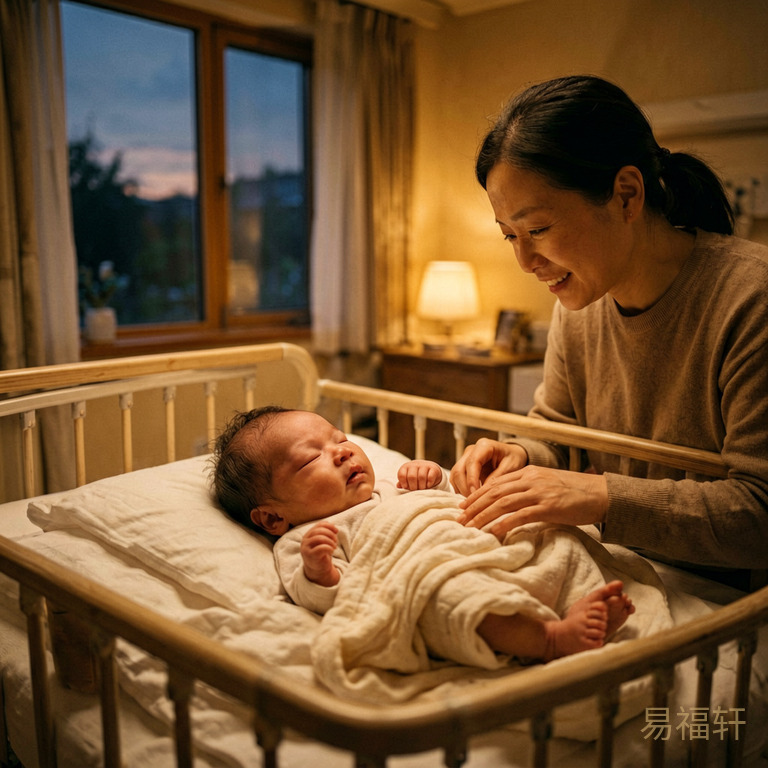 一个新生男婴在戌时(傍晚七点)的产房里,窗外天色暗沉,室内灯光昏黄,气氛压抑不安