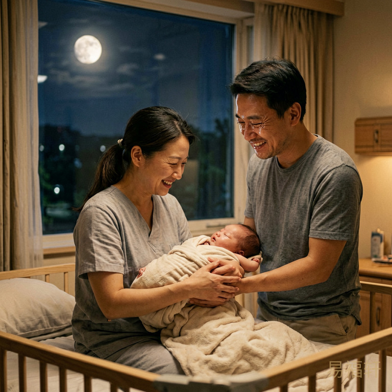 深夜里一间温暖的产房,窗外明月高悬,婴儿刚出生被护士抱在怀中,父亲在玻璃窗外含泪微笑,整个房间笼罩在柔和的暖光里