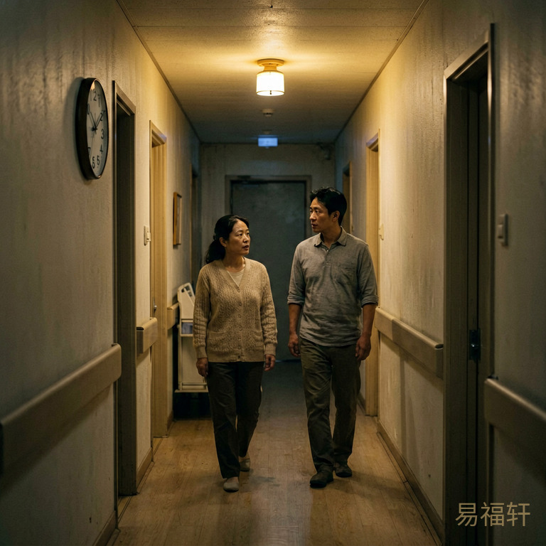 凌晨时分寂静的产房走廊,空无一人,只有一盏昏黄的灯在闪烁,墙上时钟指向凌晨两点,一种不祥的压抑感笼罩着整个画面