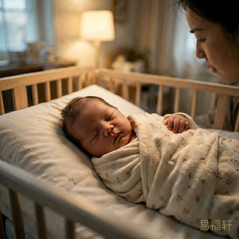 一个新生男婴在凌晨丑时(半夜一点)的产房里安静地睡着,温暖的灯光包裹着他,安详宁静