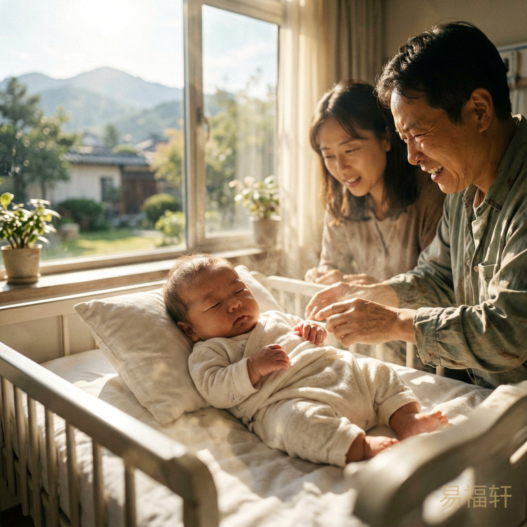 一个新生男婴在申时(下午三点)的产房里,窗外阳光刺眼,室内燥热不安,场面紧张
