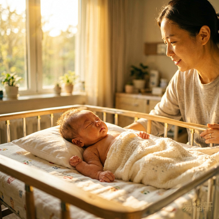 一个新生男婴在巳时(上午九点)的产房里,窗外阳光明媚,金色的晨光洒进来,温暖而充满希望