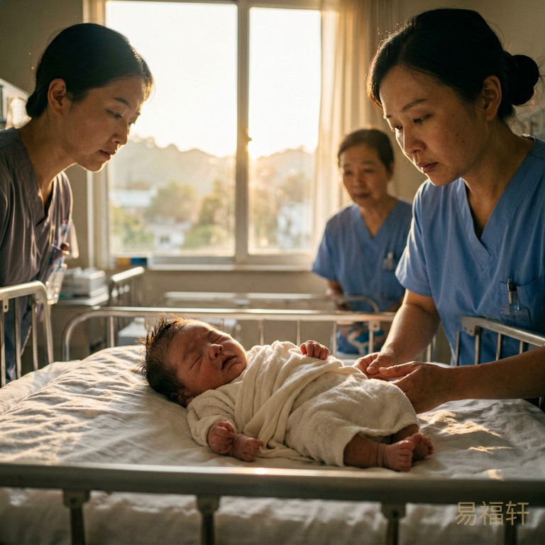 一个新生男婴在辰时(早上七点)的产房里,窗外晨光刺眼,室内气氛压抑,医护人员表情凝重