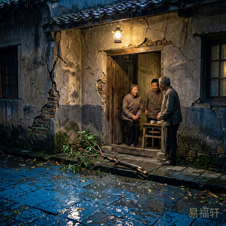 深夜时分一座裂开的宅院，屋檐下一盏灯忽明忽暗，雨水从裂缝中渗入，青石板地面上积水涟涟，一根被拦腰折断的小树苗横在门槛边，暗喻申亥相穿、根基受损