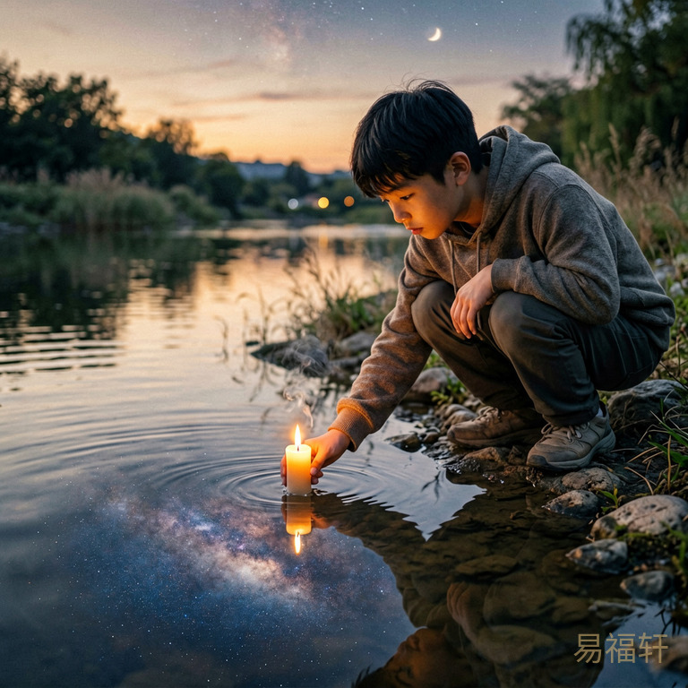 黄昏时分，一个少年蹲在河边，把一支燃烧的蜡烛靠近水面——火焰没有熄灭，反而照亮了水中倒映的星空，寓意食神合印、火化为水汽滋养乙木