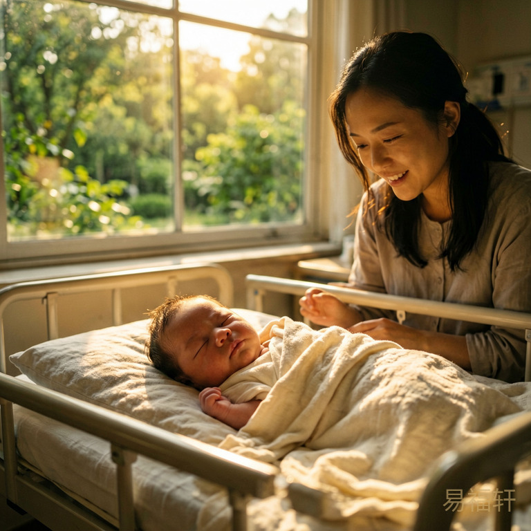清晨7点阳光透过窗户洒进产房，新生男婴在金色晨光中安睡，窗外绿树成荫，一派生机盎然的画面