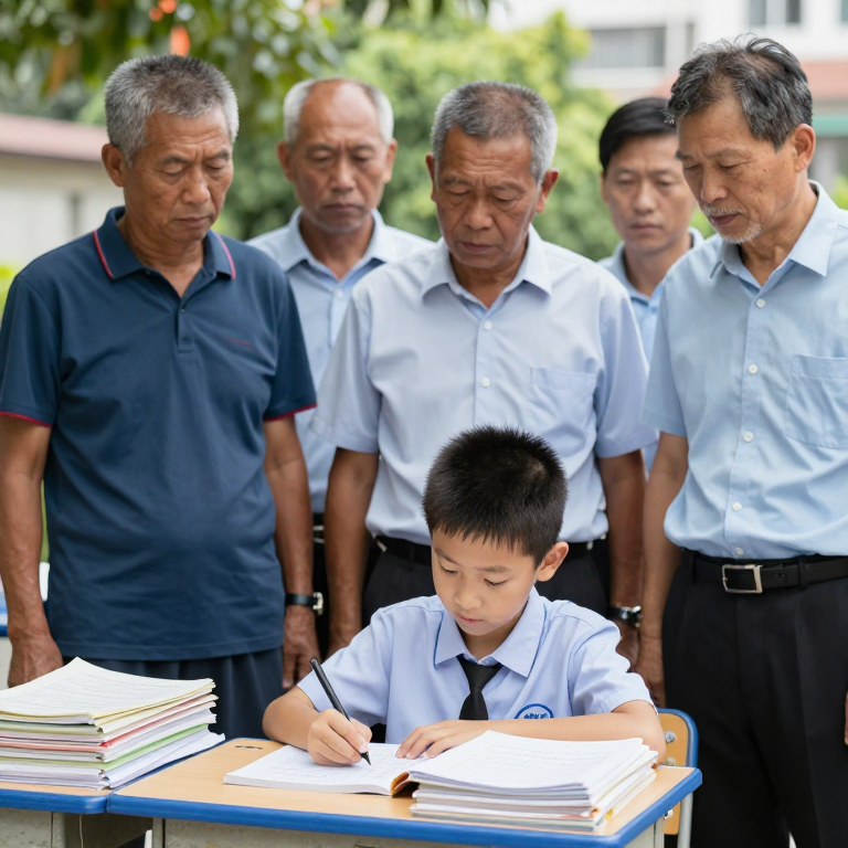 一个穿校服的属牛小男孩坐在书桌前,身边围站着好几位表情严肃的