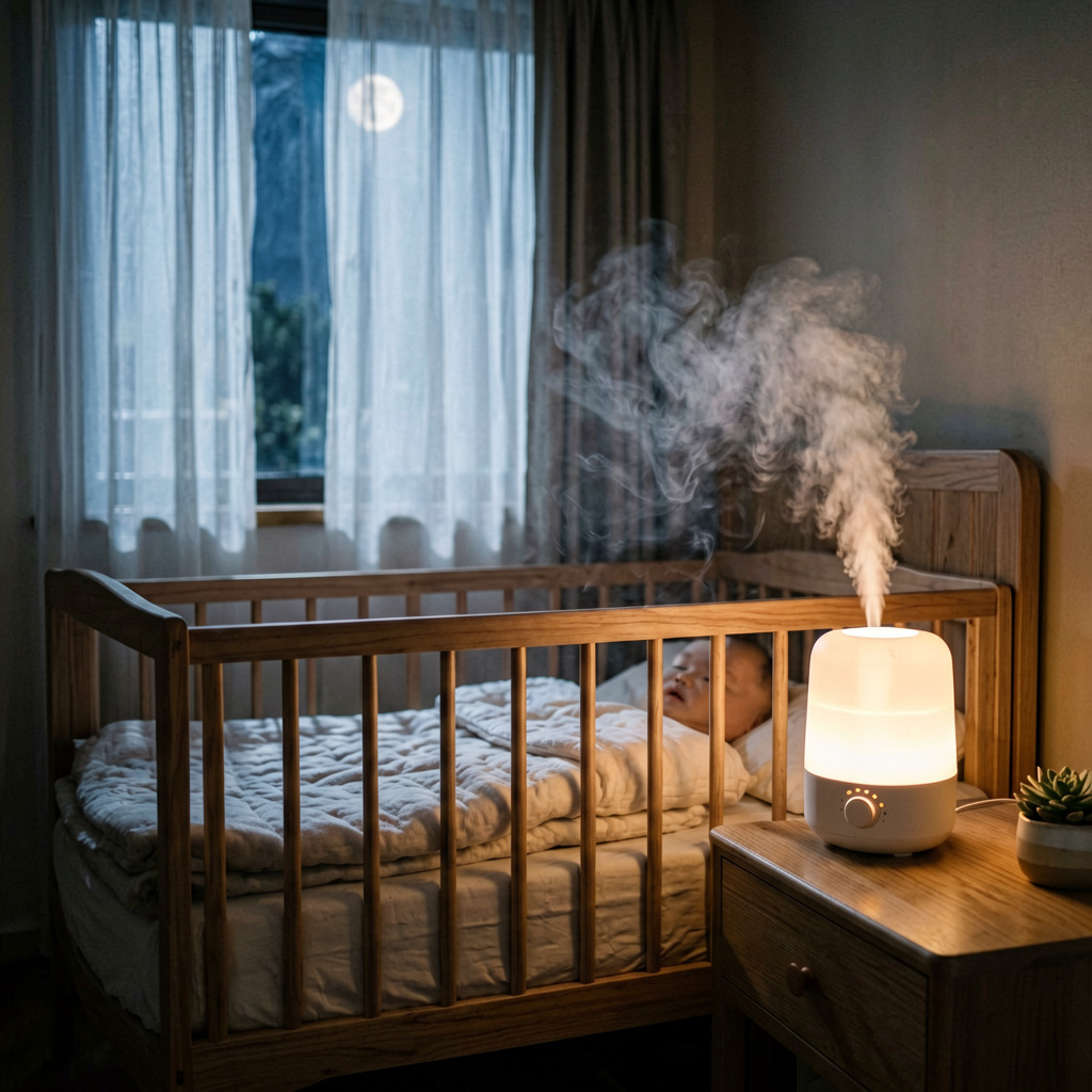 夜晚九点的卧室，柔和的月光透过纱帘洒在婴儿床上，床头柜放着一盏雾化加湿器喷出细密水雾，象征亥水润局调