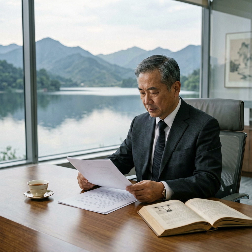 一位中年企业家坐在临湖办公室翻阅文件，窗外是平静的湖面和远山，桌上放着茶杯和一本翻开的书，画面安静而